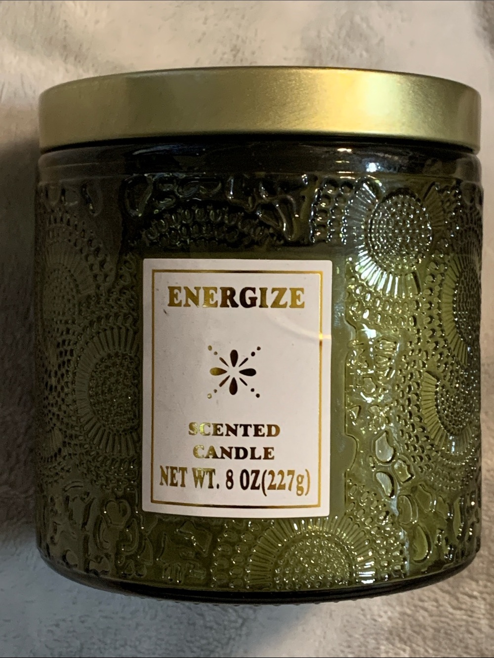 Energize Green Embossed Glass Scented Candle with Gold Tone Lid